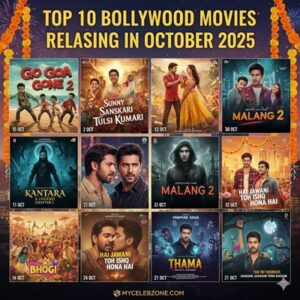 Poster collage of top Bollywood movies releasing in October 2025 including Go Goa Gone 2 and Varun Dhawan films