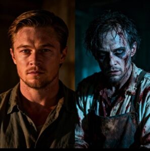 A chilling, dark-toned image depicting a shadowy figure, reminiscent of Ed Gein, with a subtle nod to classic horror movie posters like Psycho, perhaps featuring a silhouette of a house or a knife. The overall mood should be unsettling and mysterious.