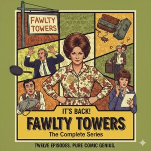 Prunella Scales as Sybil Fawlty smiling on set of Fawlty Towers, embodying British comedy brilliance