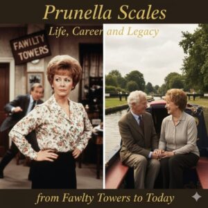 Prunella Scales as Sybil Fawlty smiling on set of Fawlty Towers, embodying British comedy brilliance